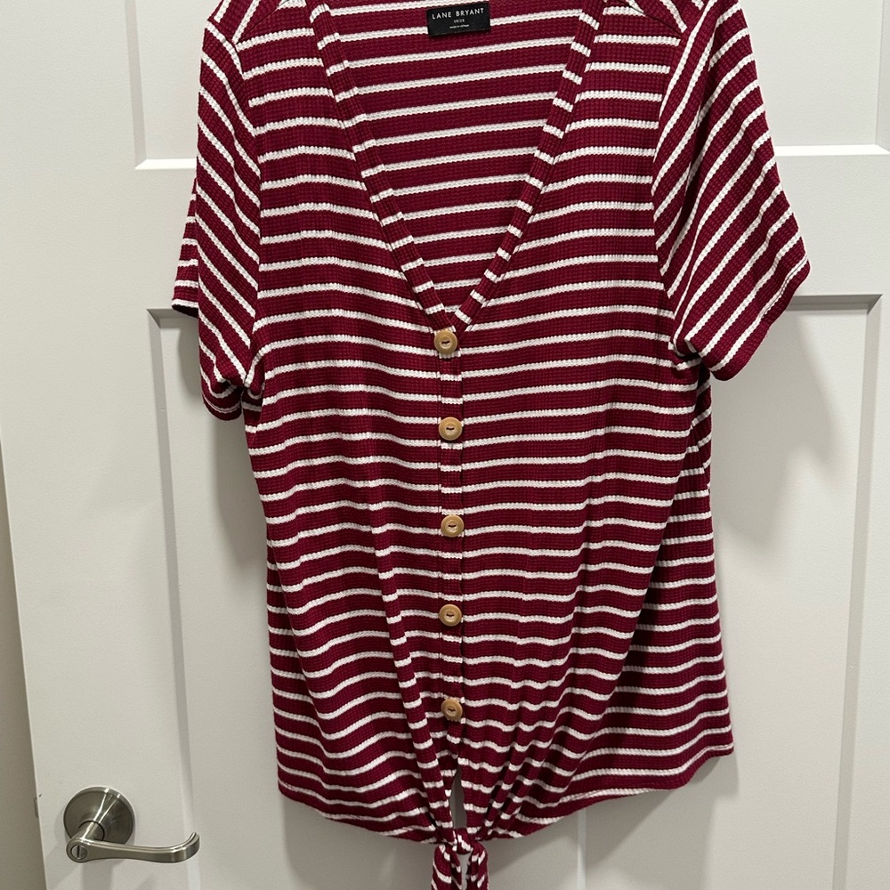 Lane Bryant Maroon and White Striped Button-Down Shirt